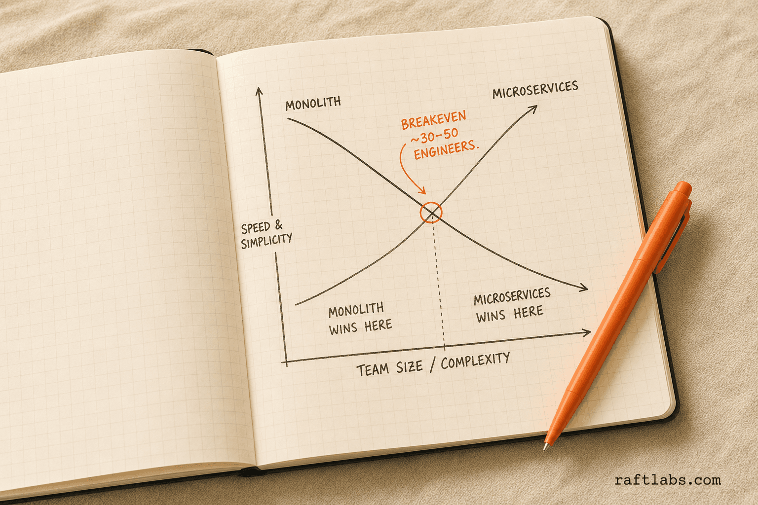 Hand-drawn chart showing where monolith beats microservices by team size and complexity