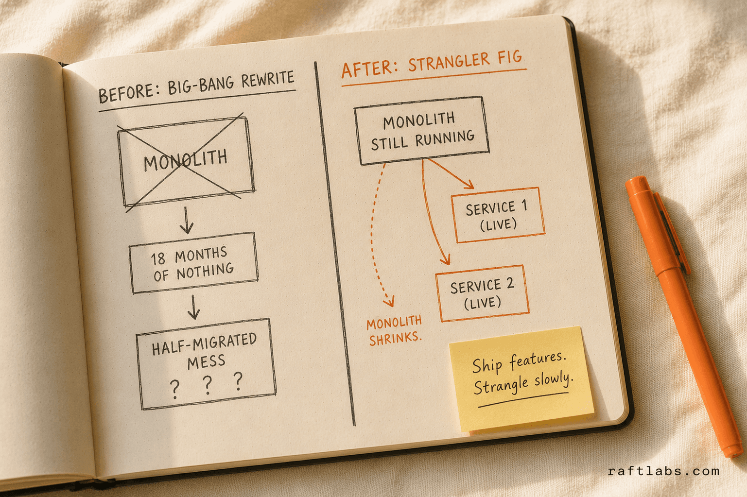Notebook showing big-bang rewrite disaster on the left vs. Strangler Fig incremental approach on the right