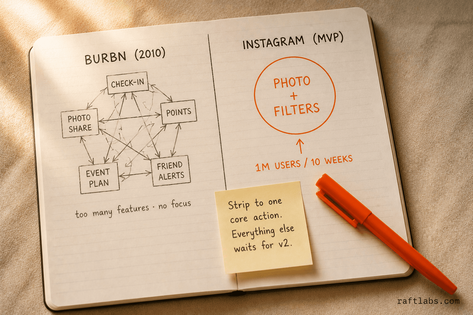 Burbn versus Instagram MVP pivot - Burbn had five tangled features while Instagram launched with one core workflow: photo plus filters