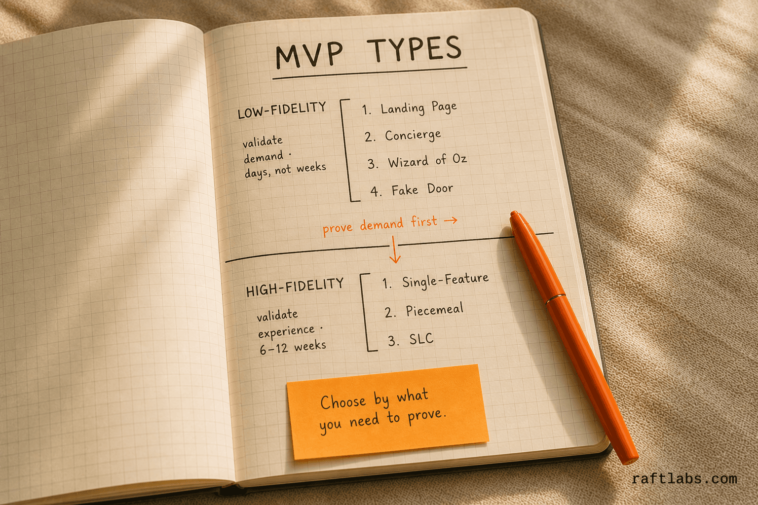 MVP types taxonomy - low-fidelity MVPs validate demand in days while high-fidelity MVPs validate the product experience over six to twelve weeks