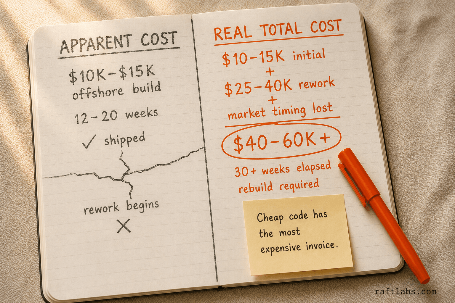 Offshore MVP hidden cost - apparent ten to fifteen thousand dollar build often totals forty to sixty thousand dollars after rework, delays, and missed market timing