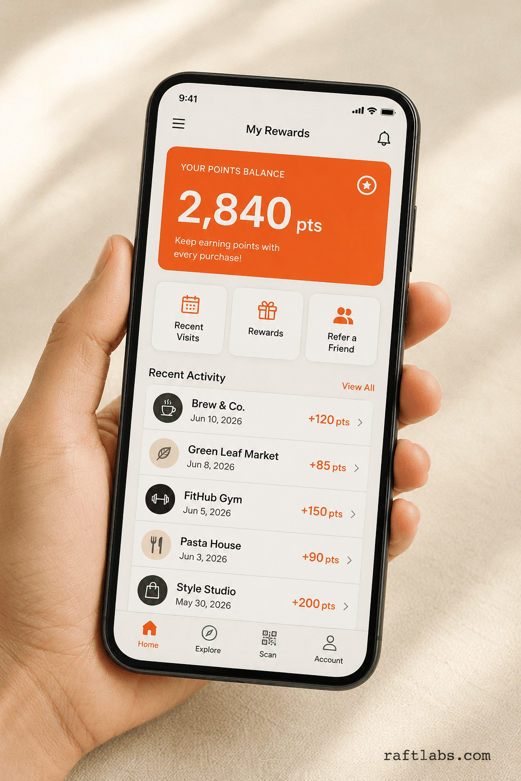 A cross-platform loyalty app running on a smartphone, showing a points balance card, activity tiles, and transaction list in a clean mobile UI
