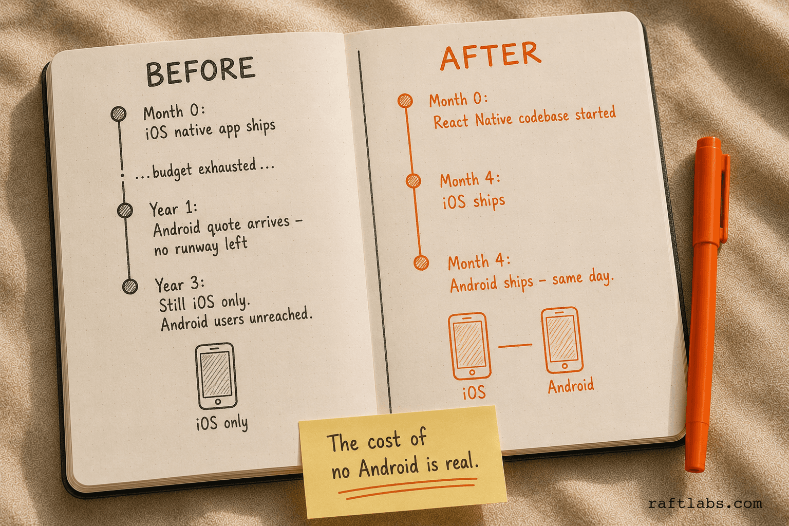 Before/after comparison showing native iOS-first strategy leaving Android users unreached for years versus React Native shipping both iOS and Android simultaneously at launch