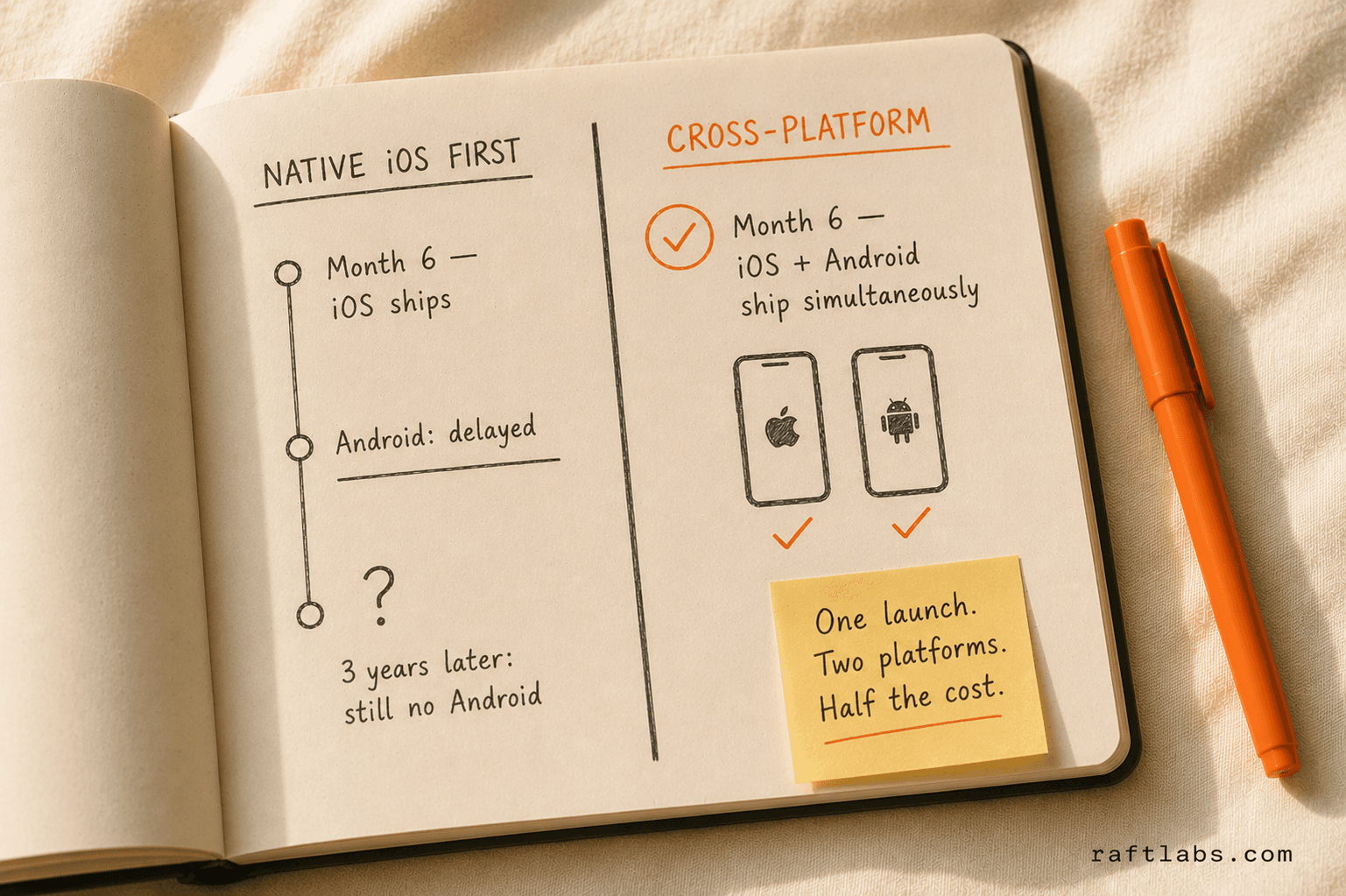 Before and after comparison: native iOS-first approach leaves Android delayed for years, while cross-platform ships both platforms simultaneously at launch