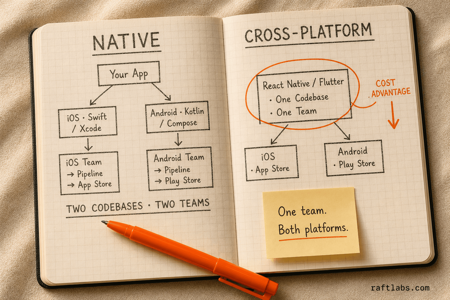 Notebook sketch comparing native development's two-team two-codebase structure branching to iOS and Android separately versus cross-platform's single shared codebase delivering to both platforms from one team