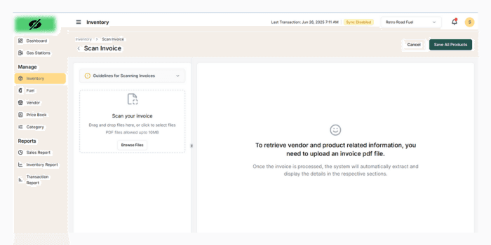 Invoice Uploading Screen