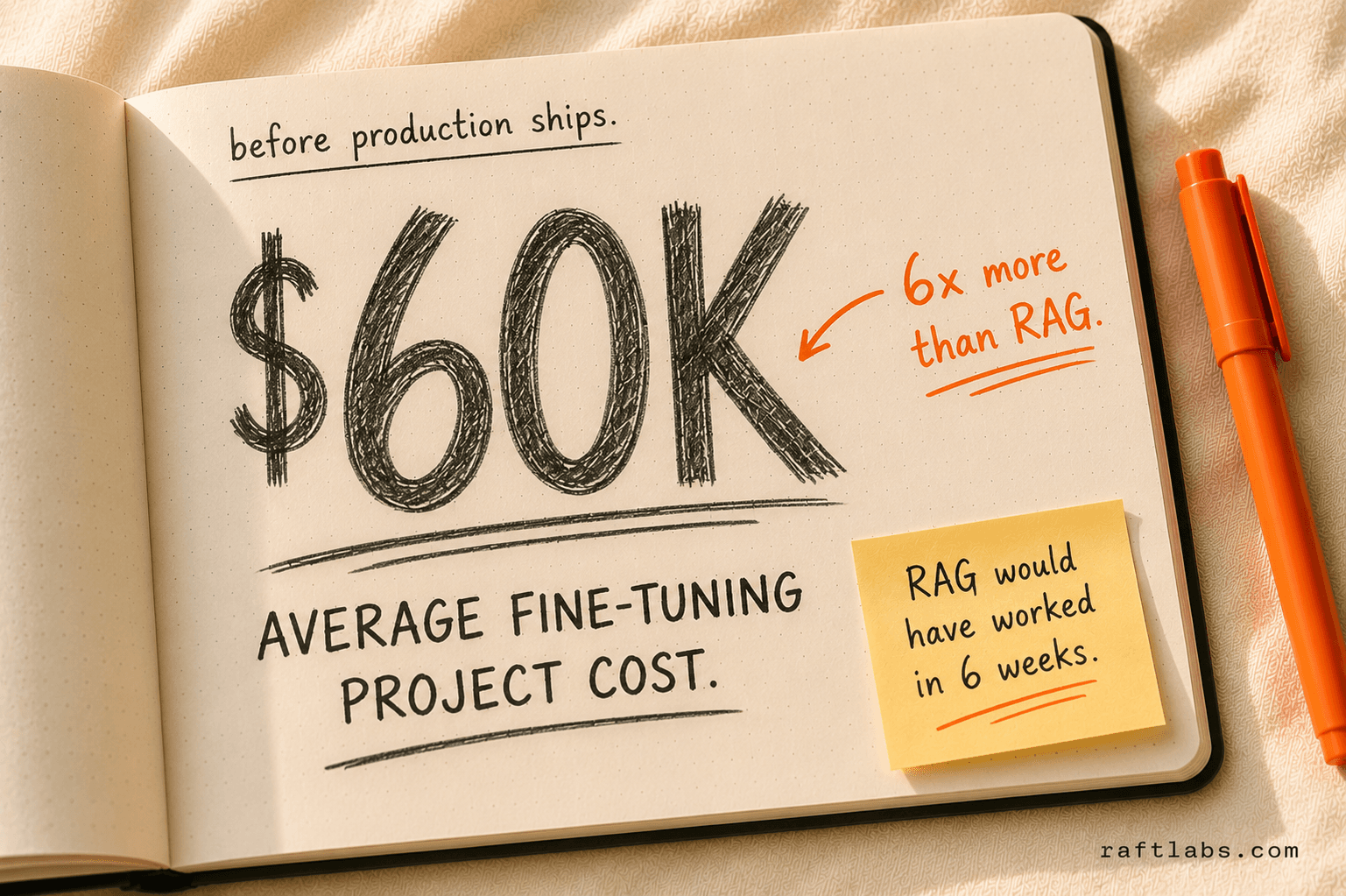 Notebook showing $60K cost stat for fine-tuning projects versus the cheaper RAG alternative