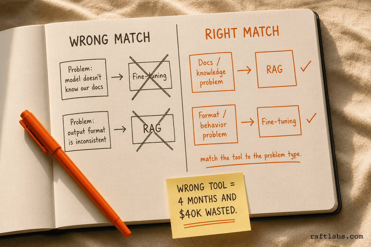 Notebook before/after showing wrong tool matches (knowledge problem paired with fine-tuning, behavior problem paired with RAG, both crossed out) versus correct matches (knowledge problem to RAG, behavior problem to fine-tuning, both with checkmarks)