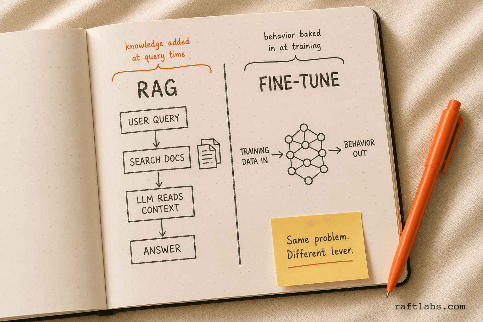 Hand-drawn notebook diagram comparing how RAG retrieves documents at query time versus how fine-tuning embeds behavior into model weights at training time