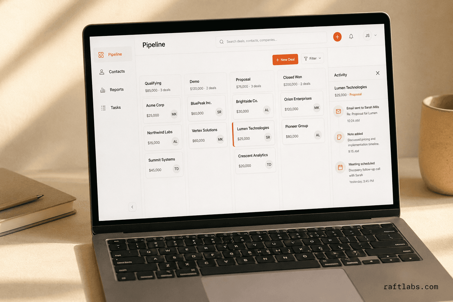 Custom CRM deal pipeline interface showing Kanban columns for Qualifying, Demo, Proposal, and Closed Won with deal cards and an activity log panel