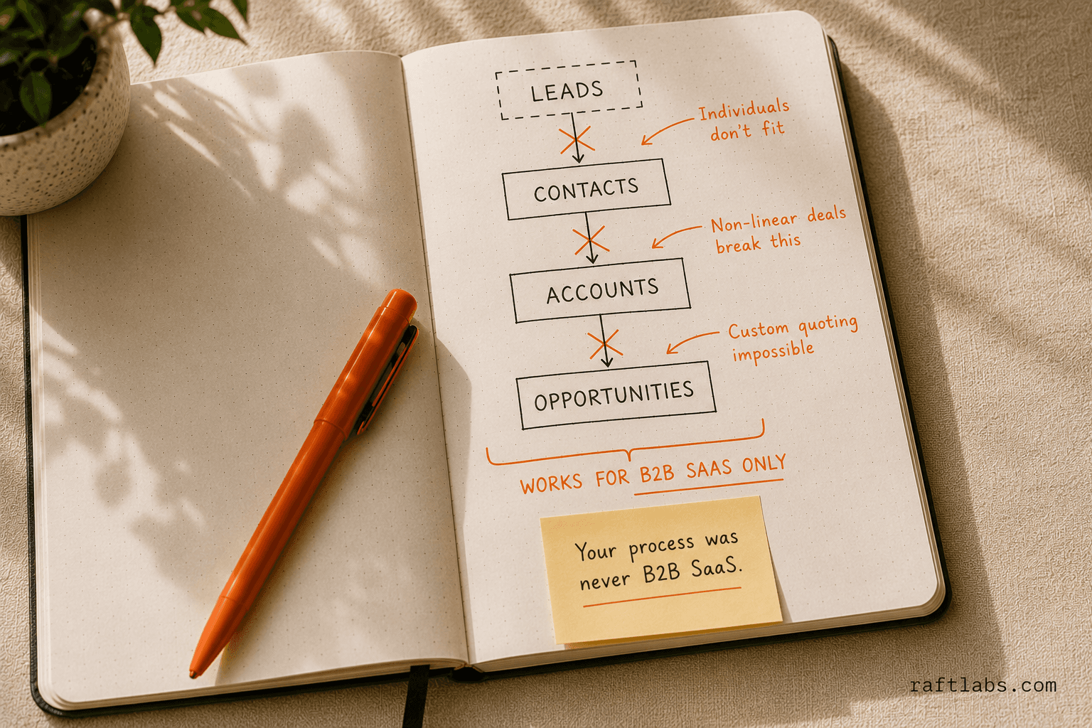 Salesforce object model diagram showing Leads to Contacts to Accounts to Opportunities with orange annotations marking where the model breaks down for non-standard sales processes