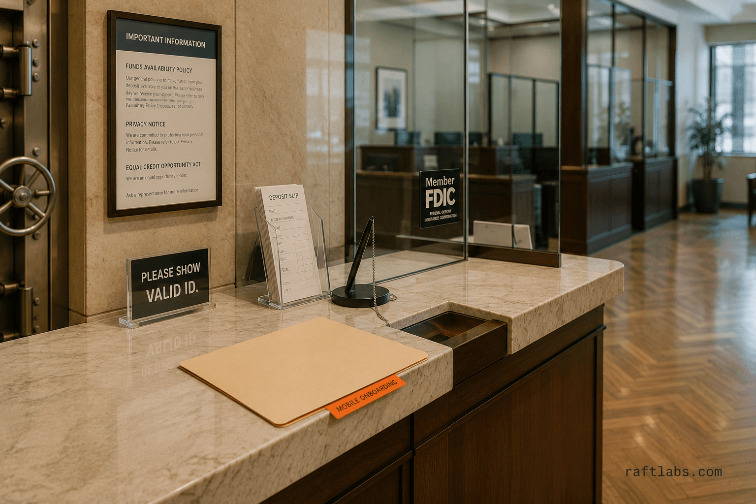 Interior of a modern bank branch showing a marble service counter with security glass, compliance notice board, and private consultation cubicles — the regulated physical environment that financial services mobile apps are built to extend