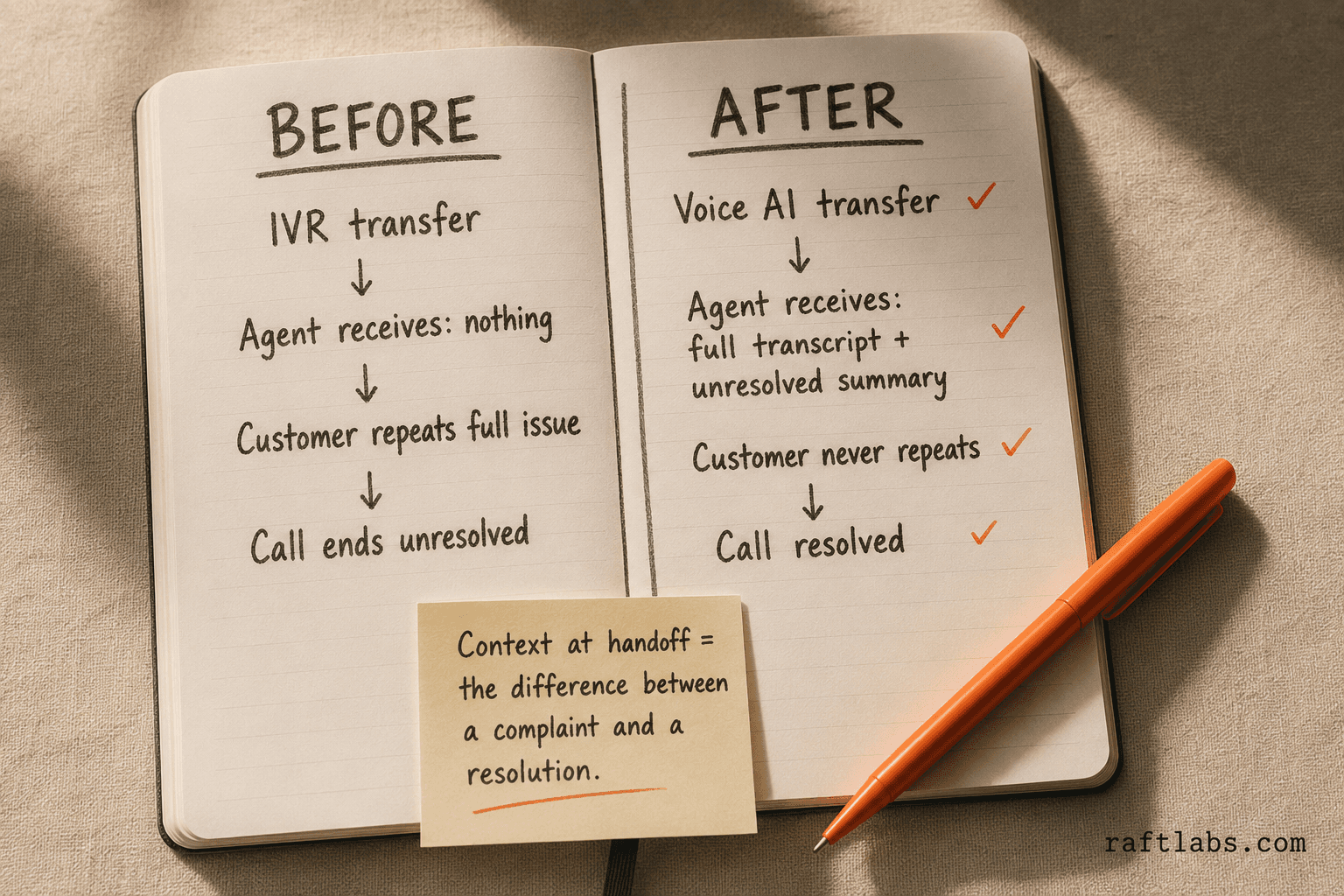 IVR blind transfer versus voice AI handoff with full transcript context