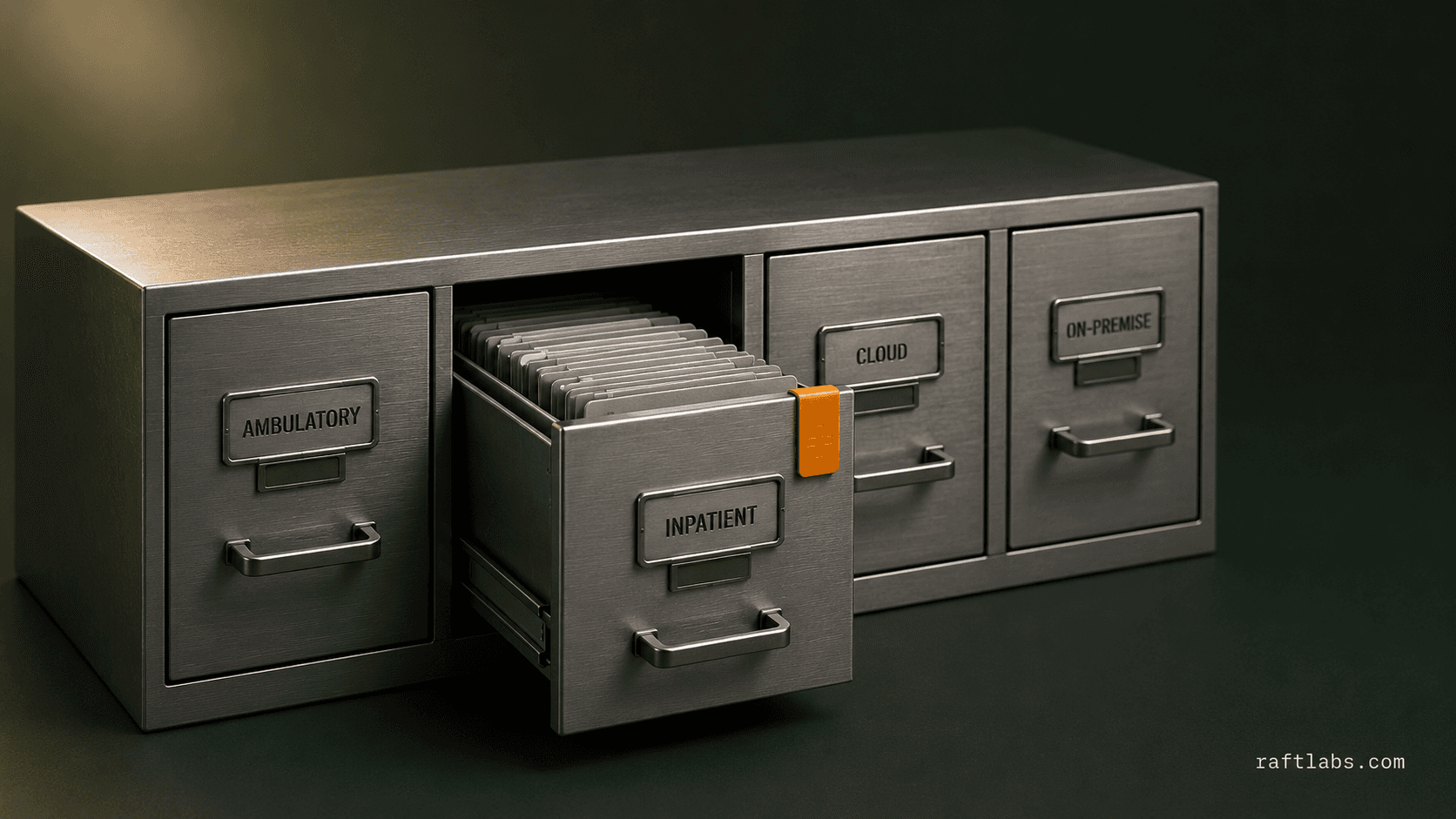 A set of labeled medical record folders sorted into distinct drawers, representing the different categories of EMR systems