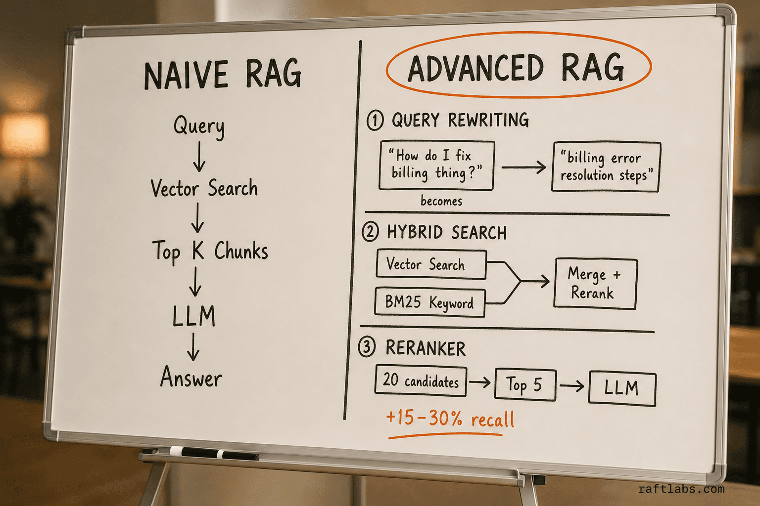 Naive RAG versus advanced RAG: query rewriting, hybrid search, and reranking layers that make production systems accurate