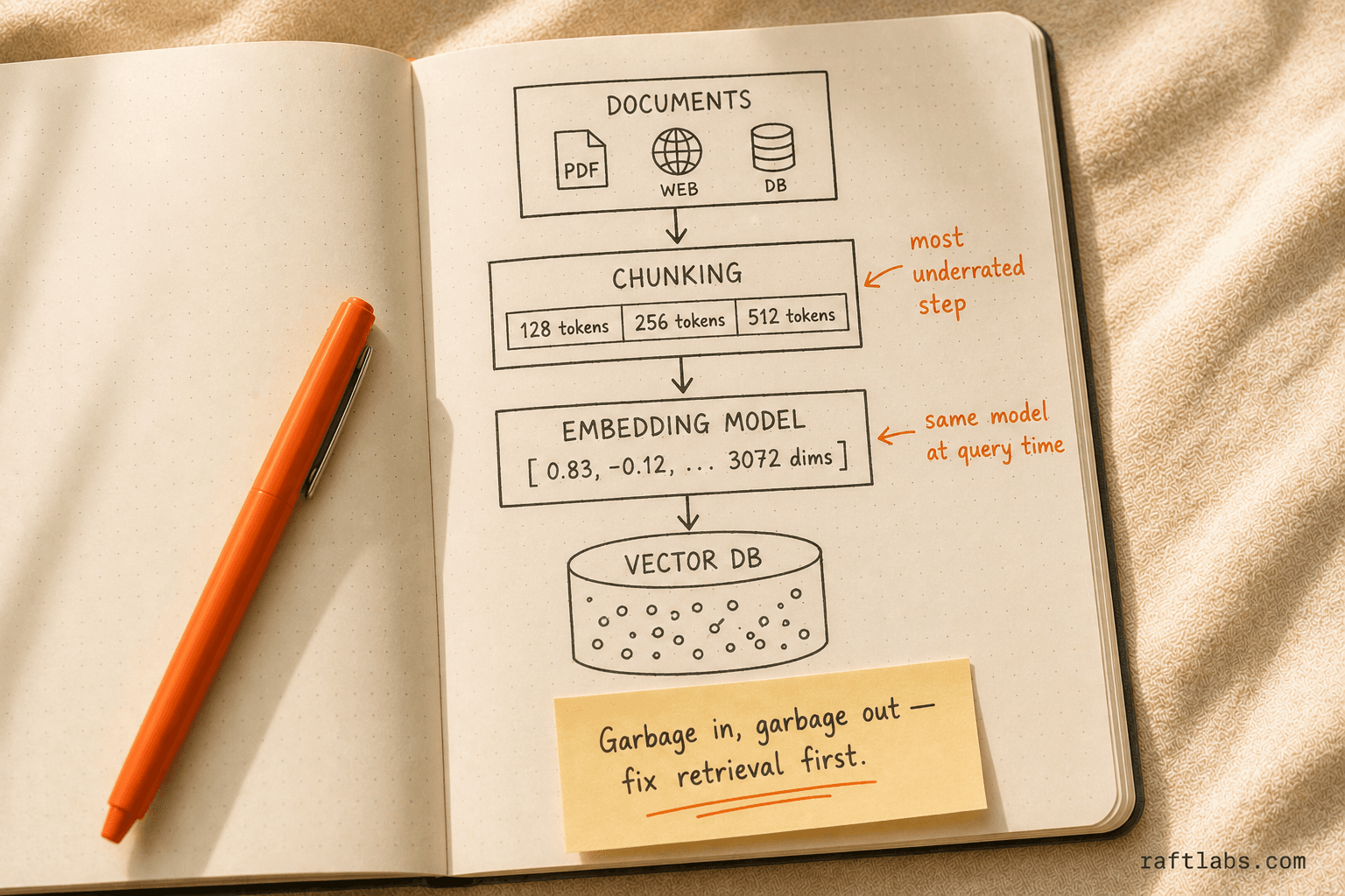 RAG indexing pipeline: document ingestion, chunking, embedding, and vector database storage