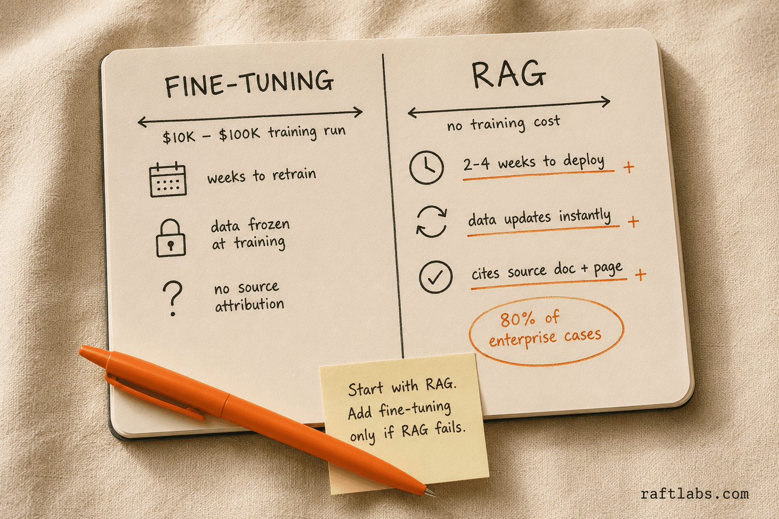 RAG versus fine-tuning: cost, data freshness, source attribution, and deployment time compared