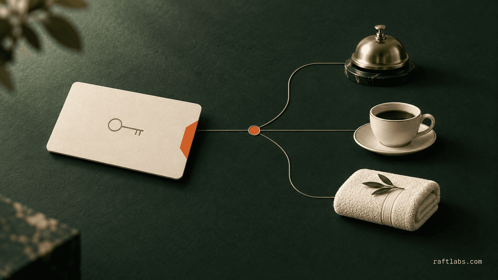 A hotel keycard connected to reception, restaurant, and spa service points