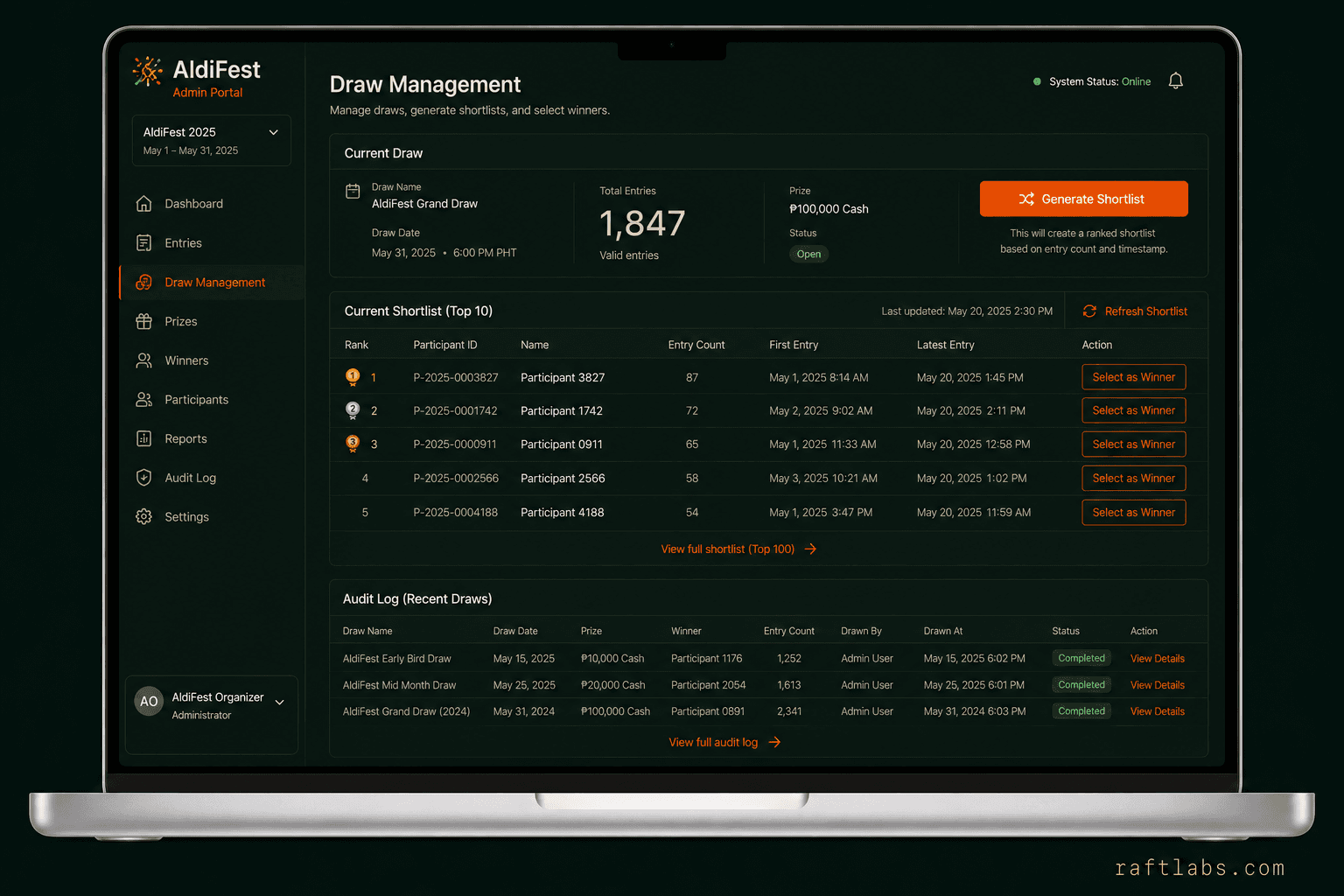 Automated shortlisting and winner selection for AldiFest competition draws