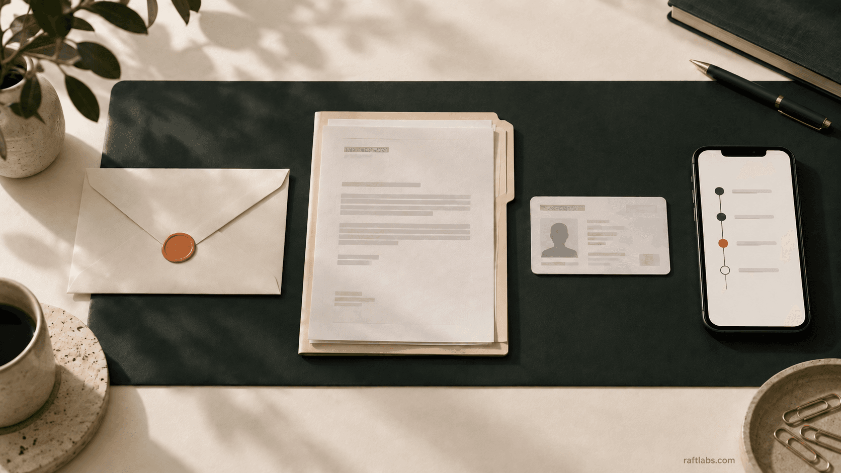 Customer documents, identity card, sealed correspondence, and mobile status timeline representing secure self-service
