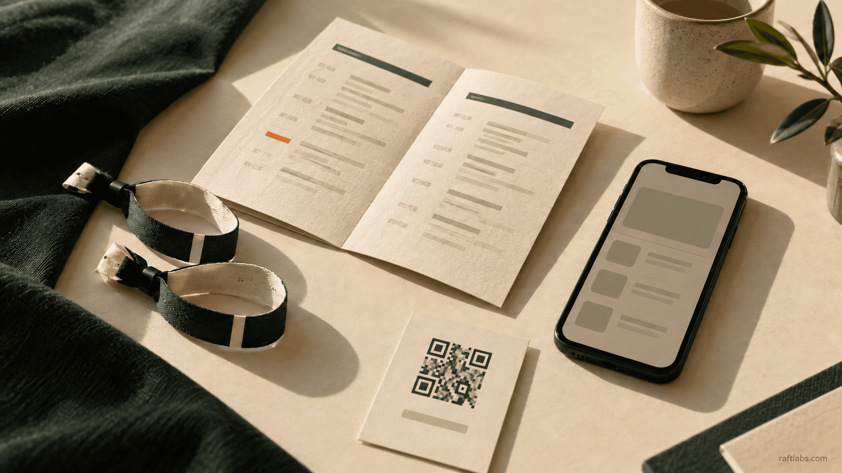 Event wristbands, session schedule, check-in card, and mobile event interface representing one managed event workflow