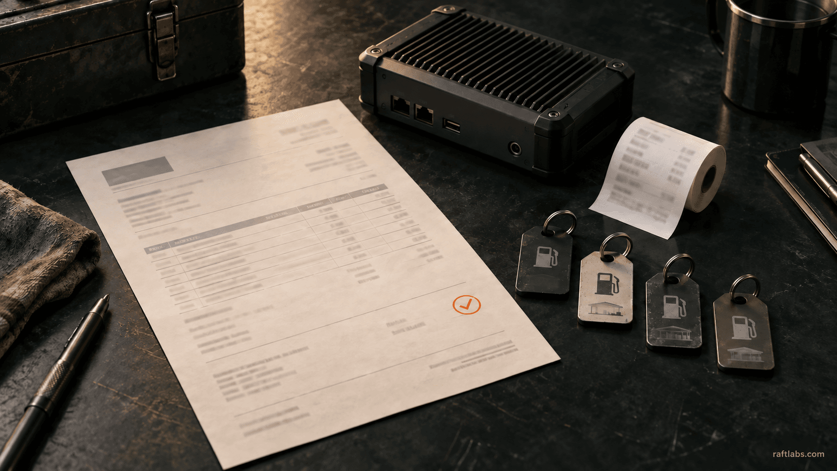 Fuel retail invoice, local sync device, receipt roll, and location tags representing multi-station operations and reconciliation