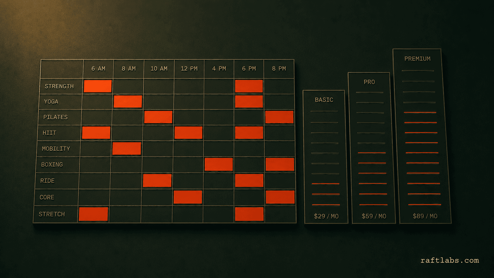 Abstract class schedule and membership tiers representing gym management software