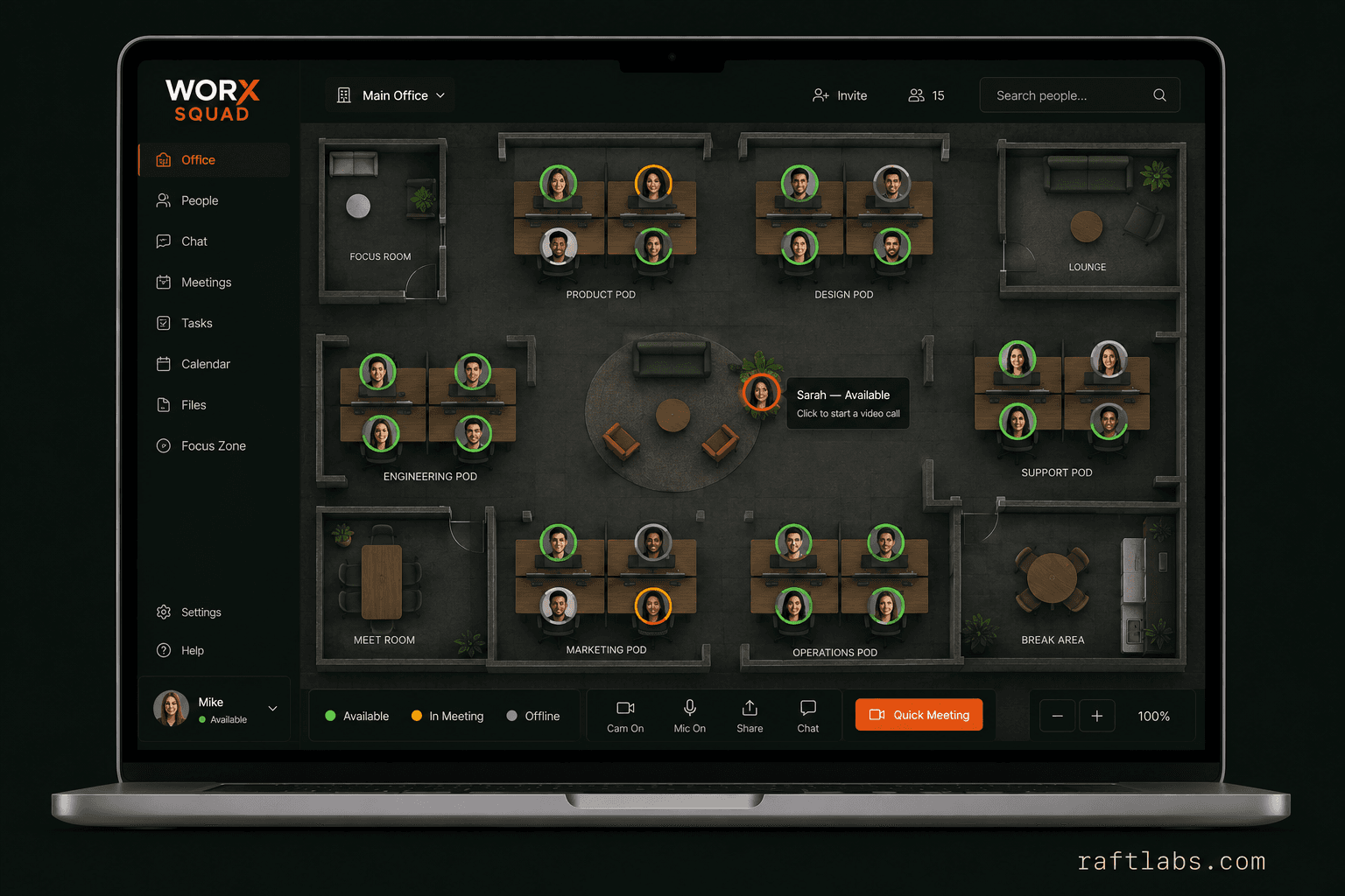 2D virtual office for ambient team presence