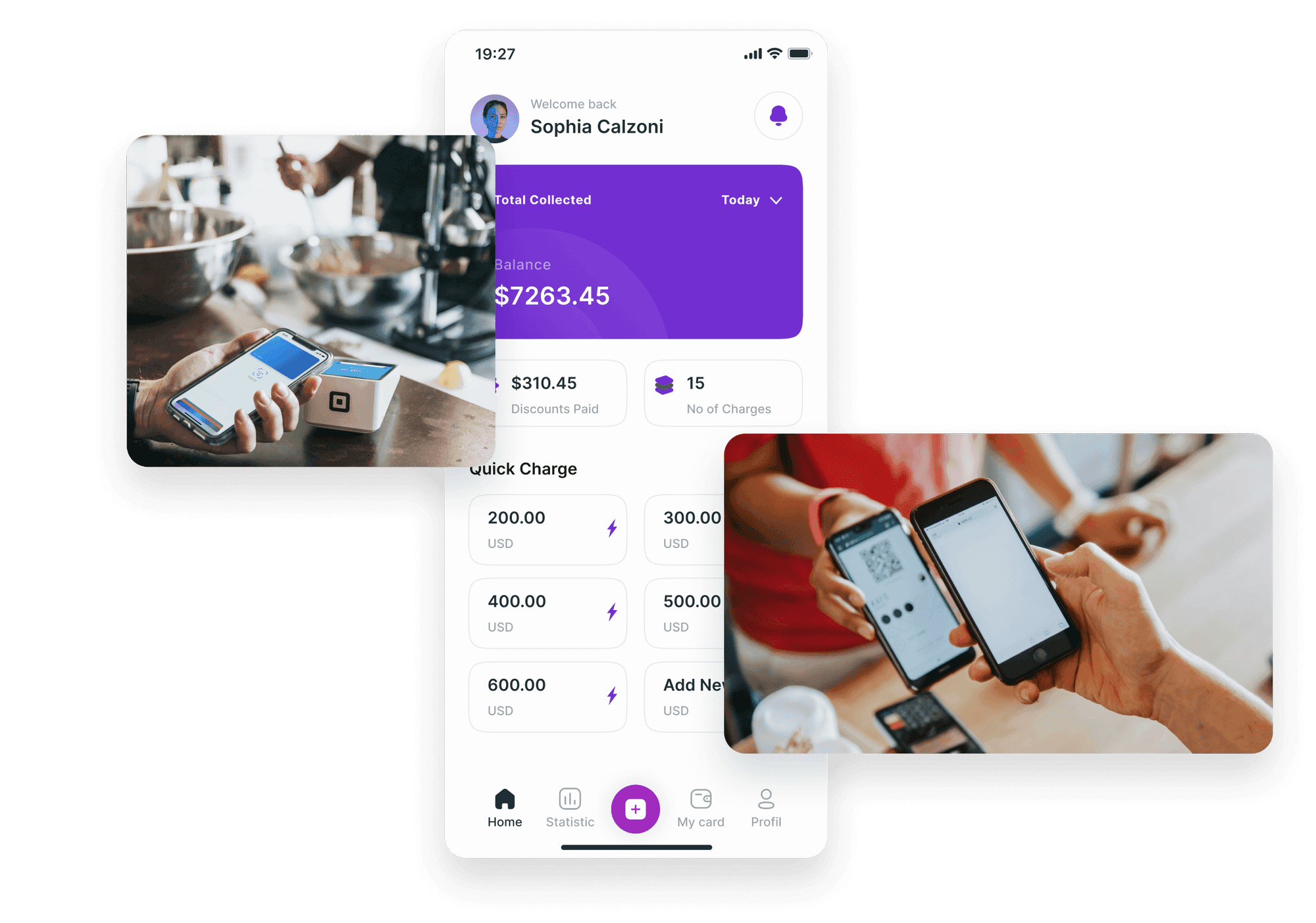 Mobile POS app for UAE merchants taking card, tap, QR, and link payments on a phone