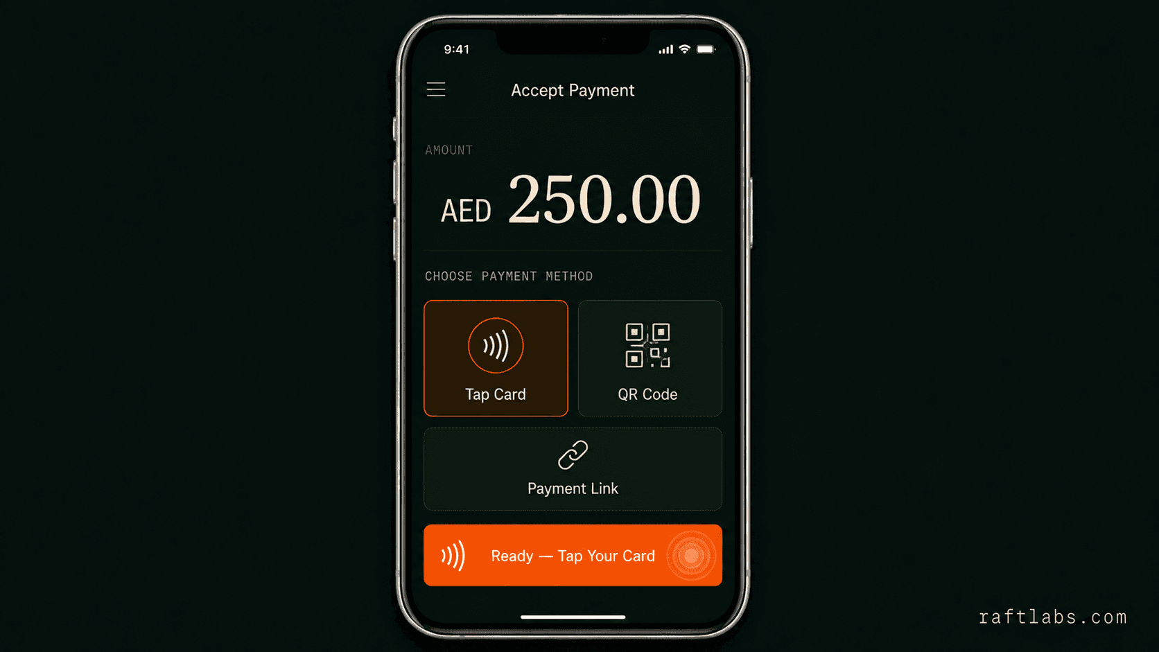 Mobile POS app screen for card, Tap and Pay, QR code, and payment link payments