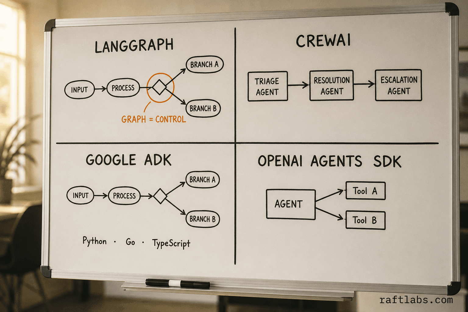 Whiteboard sketch comparing four AI agent framework architectures: LangGraph directed graph with conditional branching, CrewAI role-based team org-chart, Google ADK multi-language graph, and OpenAI Agents SDK minimal primitives