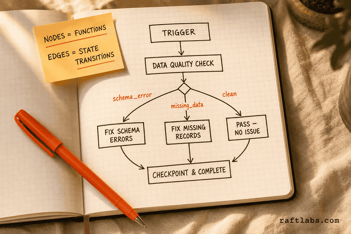 Hand-drawn notebook sketch of a LangGraph directed graph: Trigger node flows to Data Quality Check, which branches via conditional edges labeled schema_error, missing_data, and clean to three separate nodes, all reconverging at a Checkpoint node at the bottom