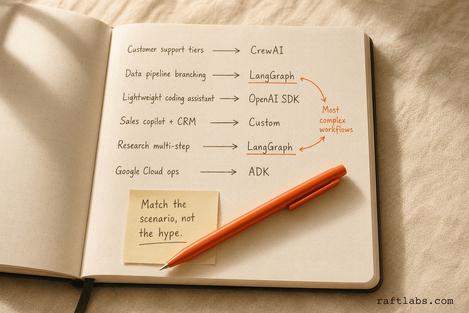 Hand-drawn notebook decision table mapping six production scenarios to the right AI agent framework: CrewAI for support tiers, LangGraph for pipelines and research, OpenAI SDK for lightweight agents, custom for CRM integration, and Google ADK for cloud ops