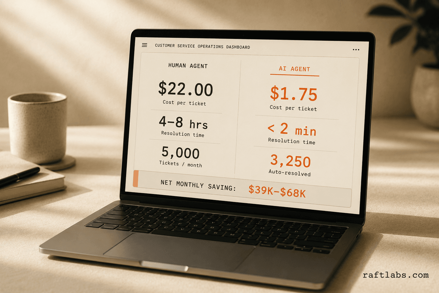 Laptop screen showing a customer service ROI dashboard comparing human agent cost of $22 per ticket against AI agent cost of $1.75, with net monthly savings of $39K–$68K