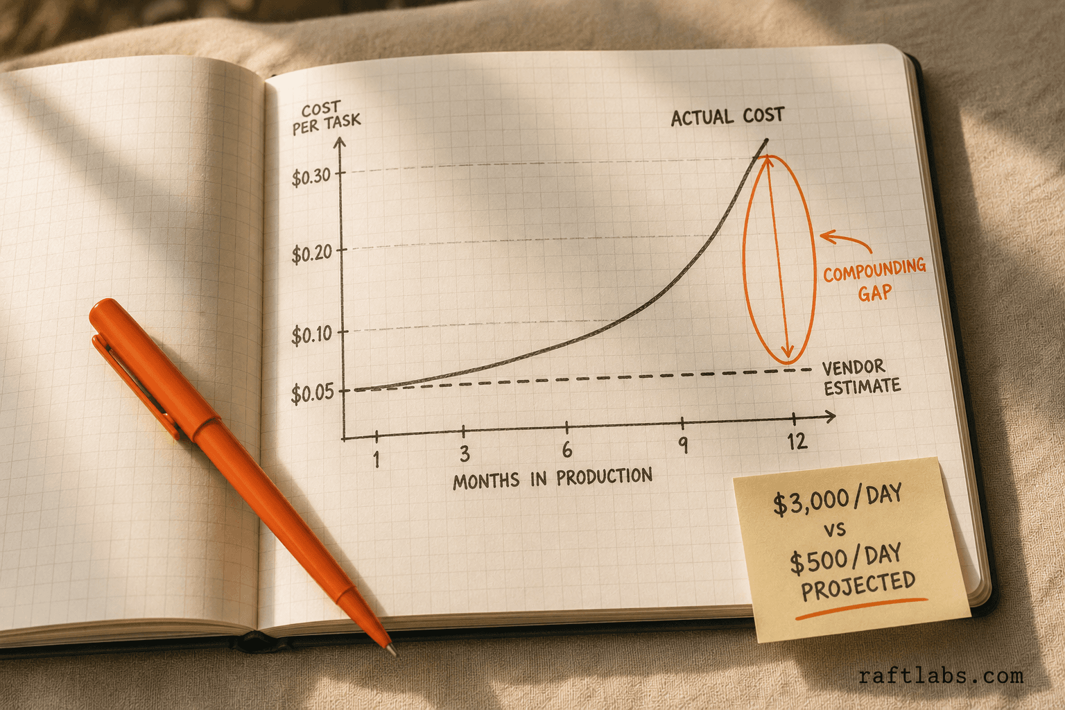 Two hand-drawn lines on a grid notebook page showing projected flat inference cost versus actual compounding cost curve diverging to six times the original projection by month 12