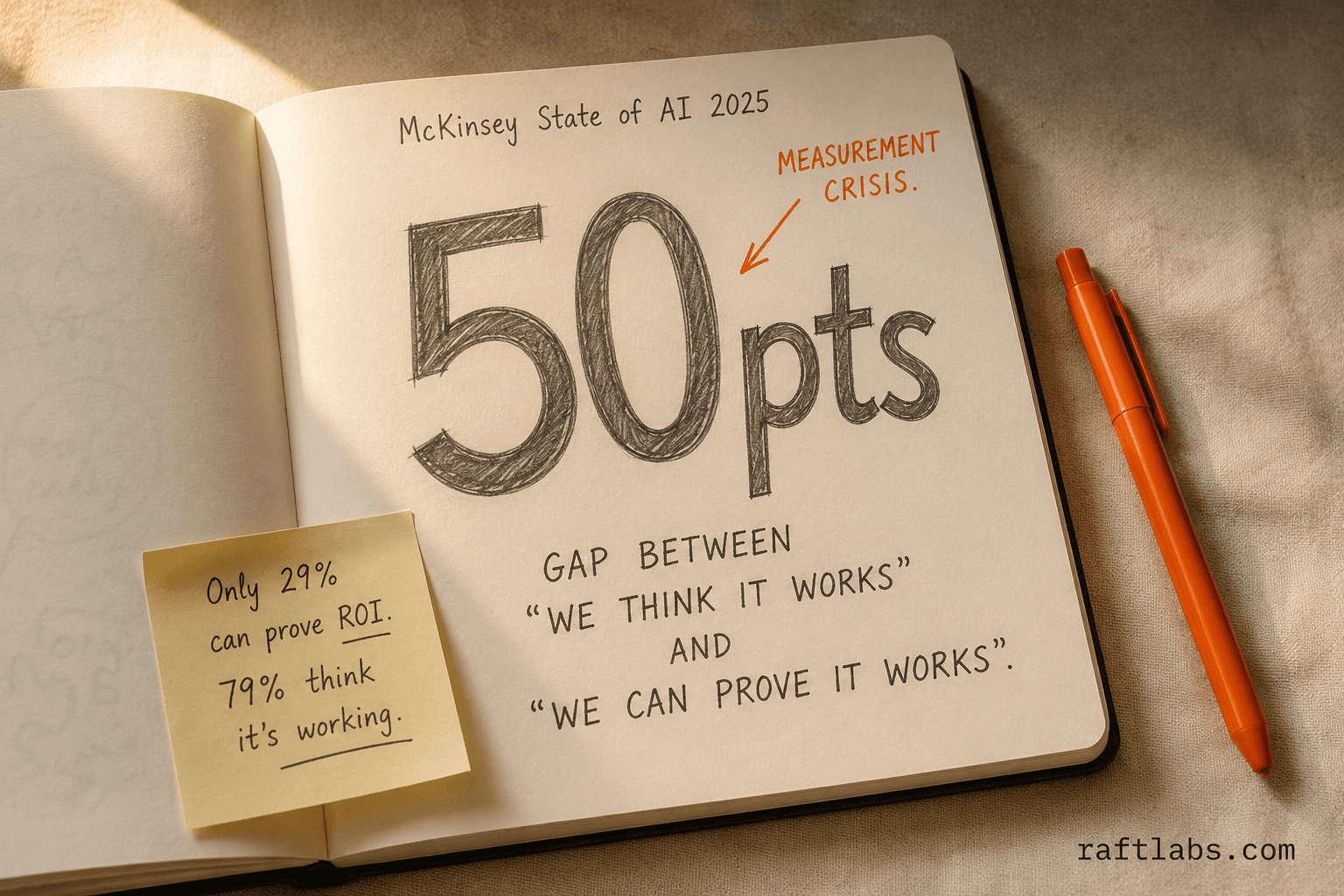A notebook page showing '50pts' in large bold pencil strokes — the gap between executives who see AI productivity gains and those who can actually measure ROI