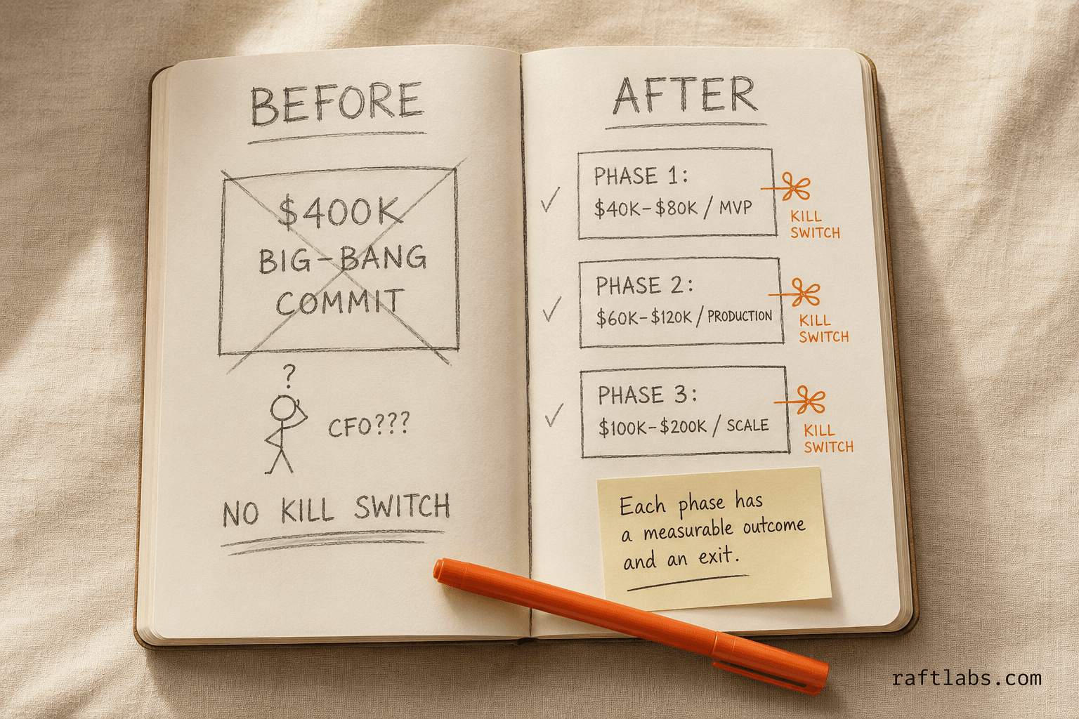 Notebook before/after split showing a crossed-out $400K big-bang AI commitment on the left versus a three-phase phased investment with kill switches at each stage on the right