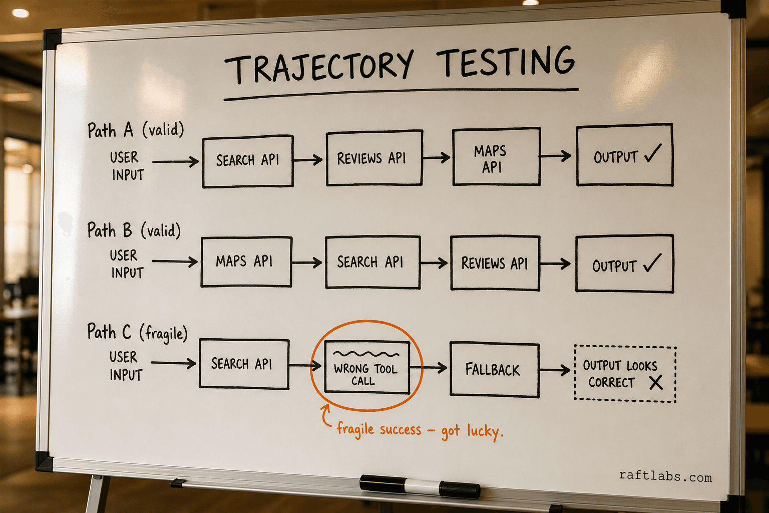 Whiteboard diagram showing three agent trajectories from the same input — two valid paths and one fragile path that reaches a plausible-looking output despite a wrong tool call at step two