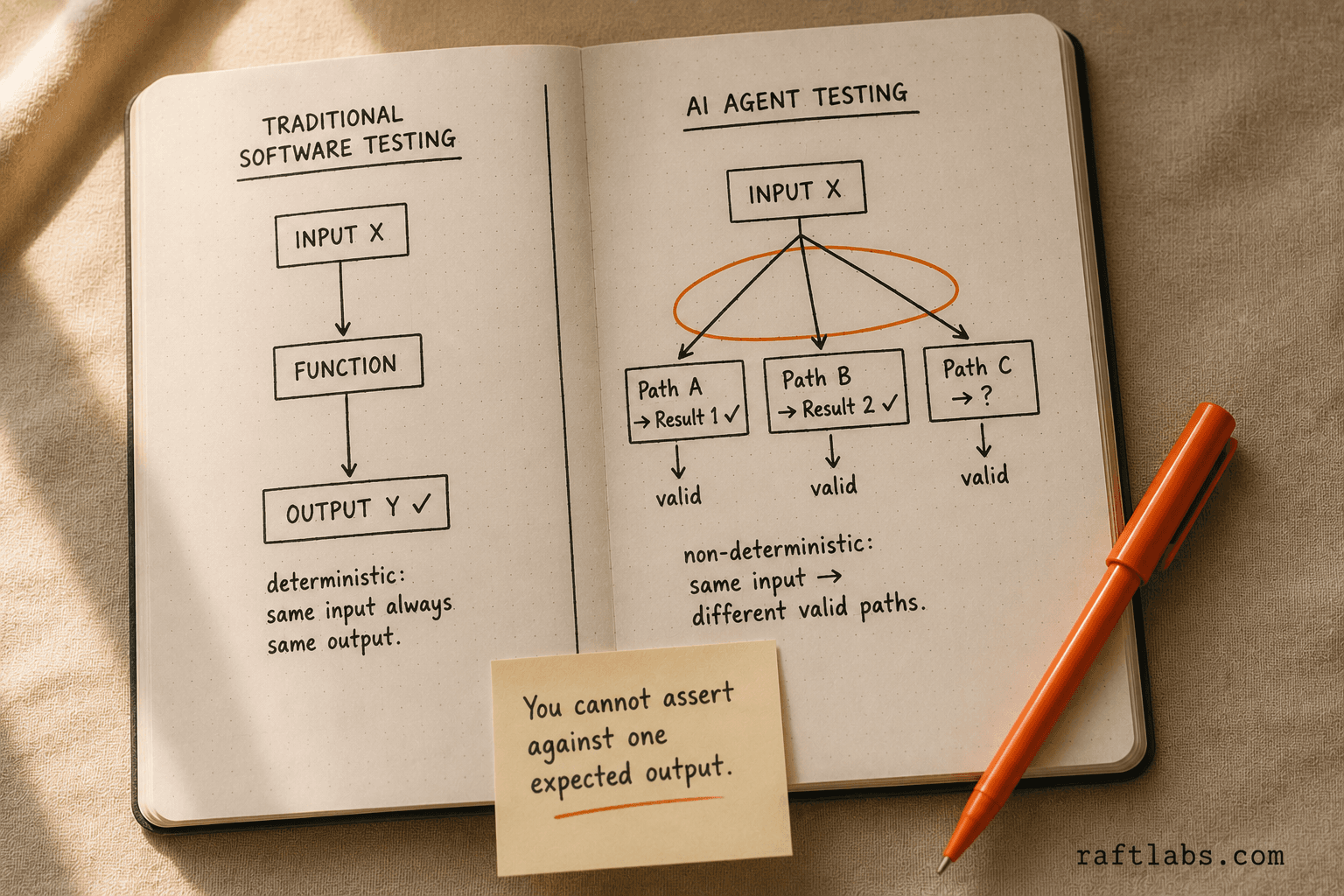 Notebook sketch comparing deterministic traditional software testing on the left with non-deterministic AI agent testing on the right, showing multiple branching valid paths from the same input