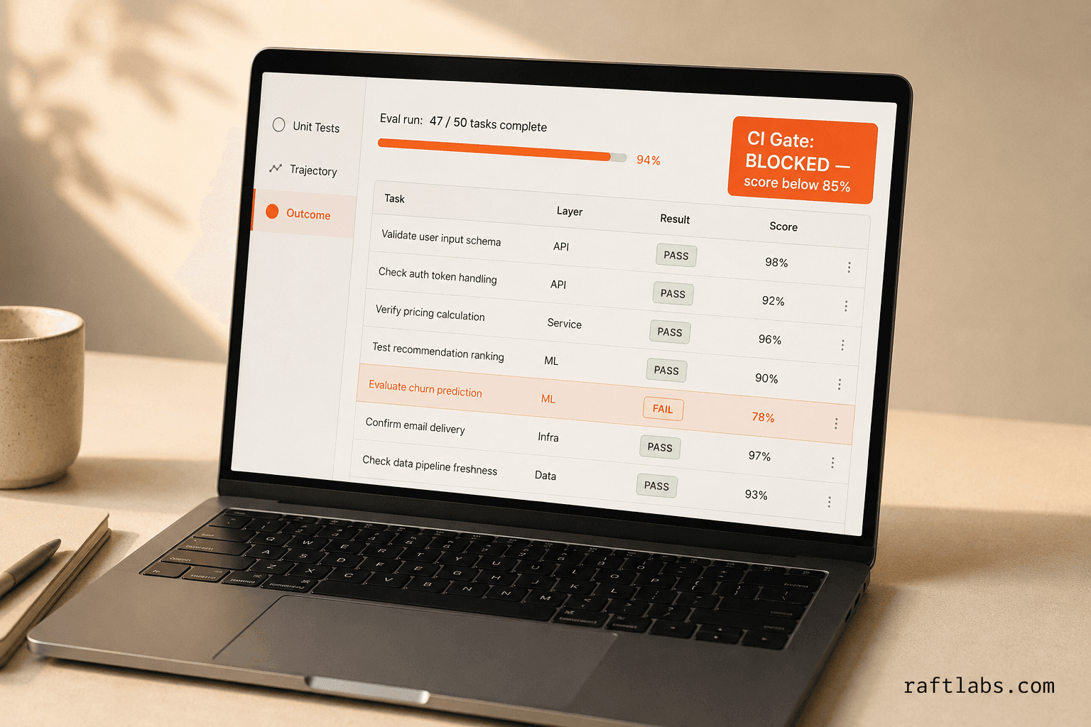 Device screenshot of an eval pipeline CI dashboard showing test results with a blocked deployment gate at 78% score