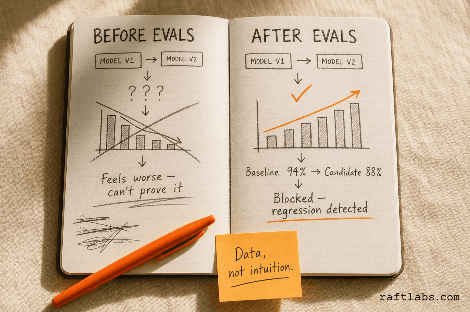 Before and after comparison: model upgrades without evals produce uncertainty while evals catch regressions with data