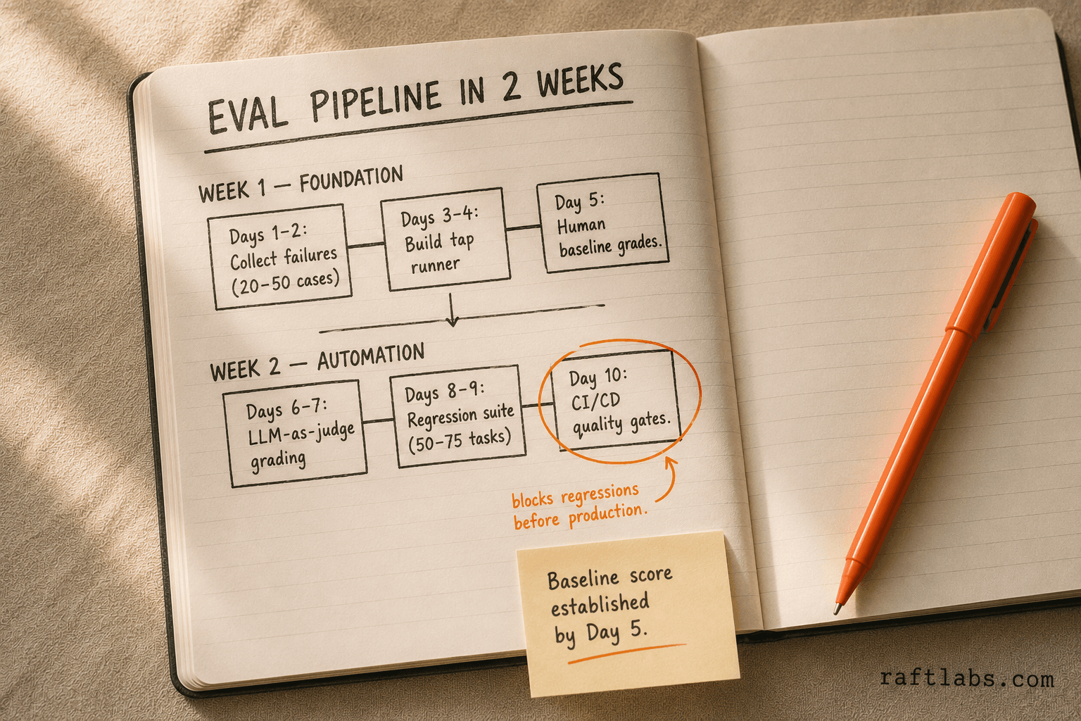 Notebook sketch showing the ten-day eval pipeline build plan: Week 1 covers failure collection, tap runner, and baseline; Week 2 covers LLM-as-judge grading, regression suite, and CI/CD gates