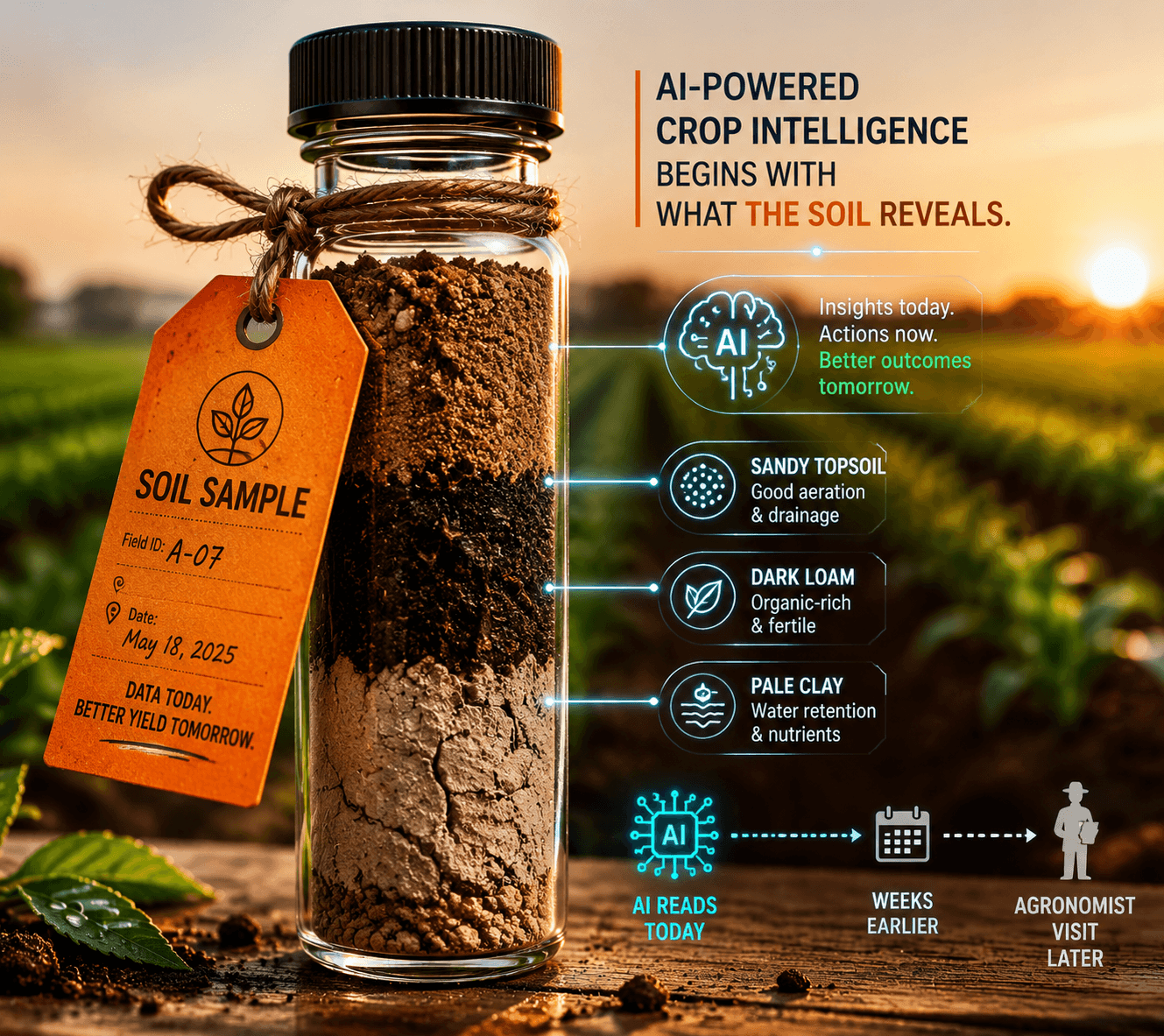 Field soil sample vials on dark surface with crop management data tablet - AI agents for agriculture