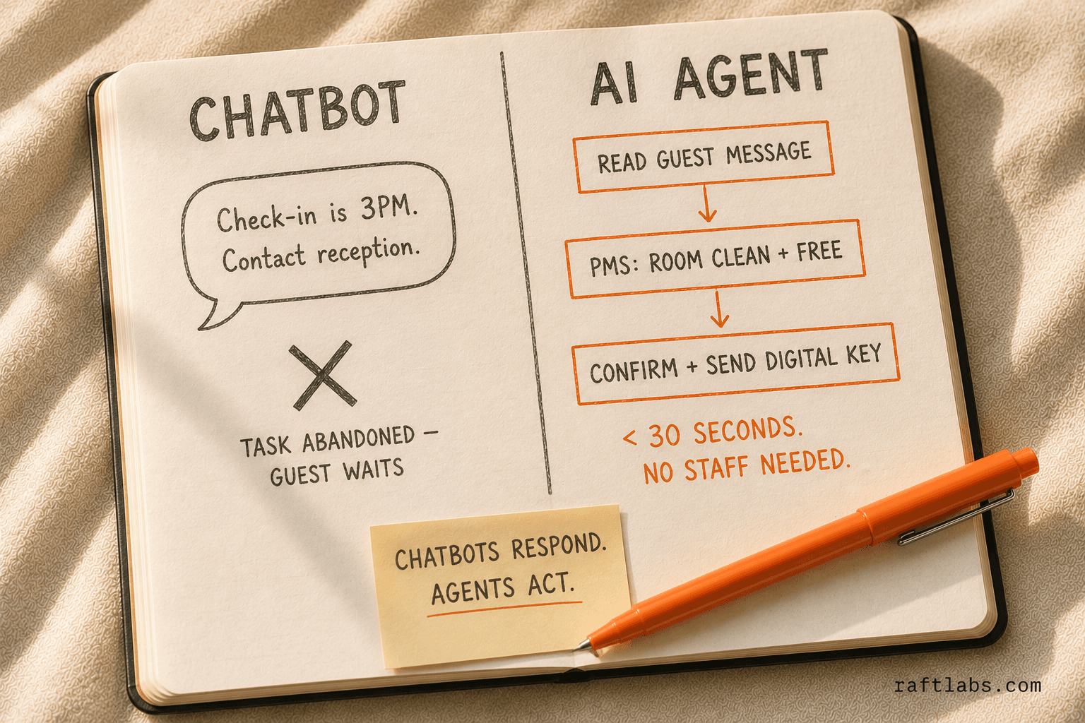 Chatbot dead-end response vs AI agent completing early check-in workflow autonomously in under 30 seconds