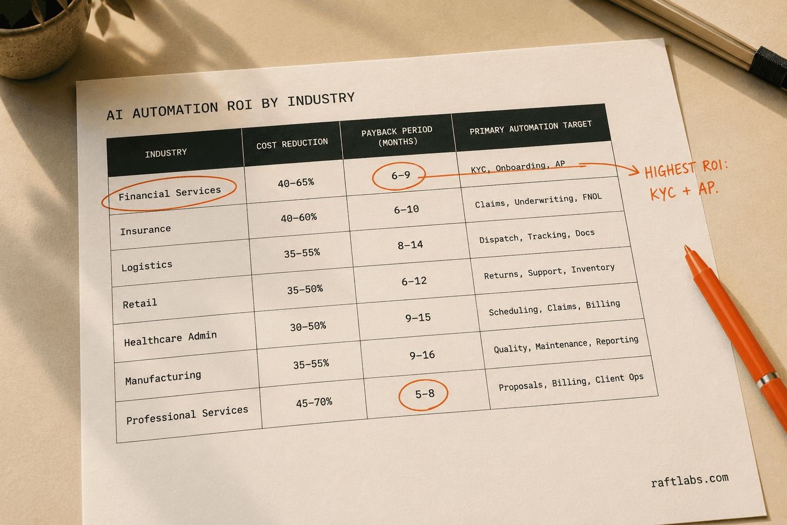 Printed industry ROI comparison table with orange ink annotations highlighting Financial Services at 40-65% cost reduction and Professional Services payback period