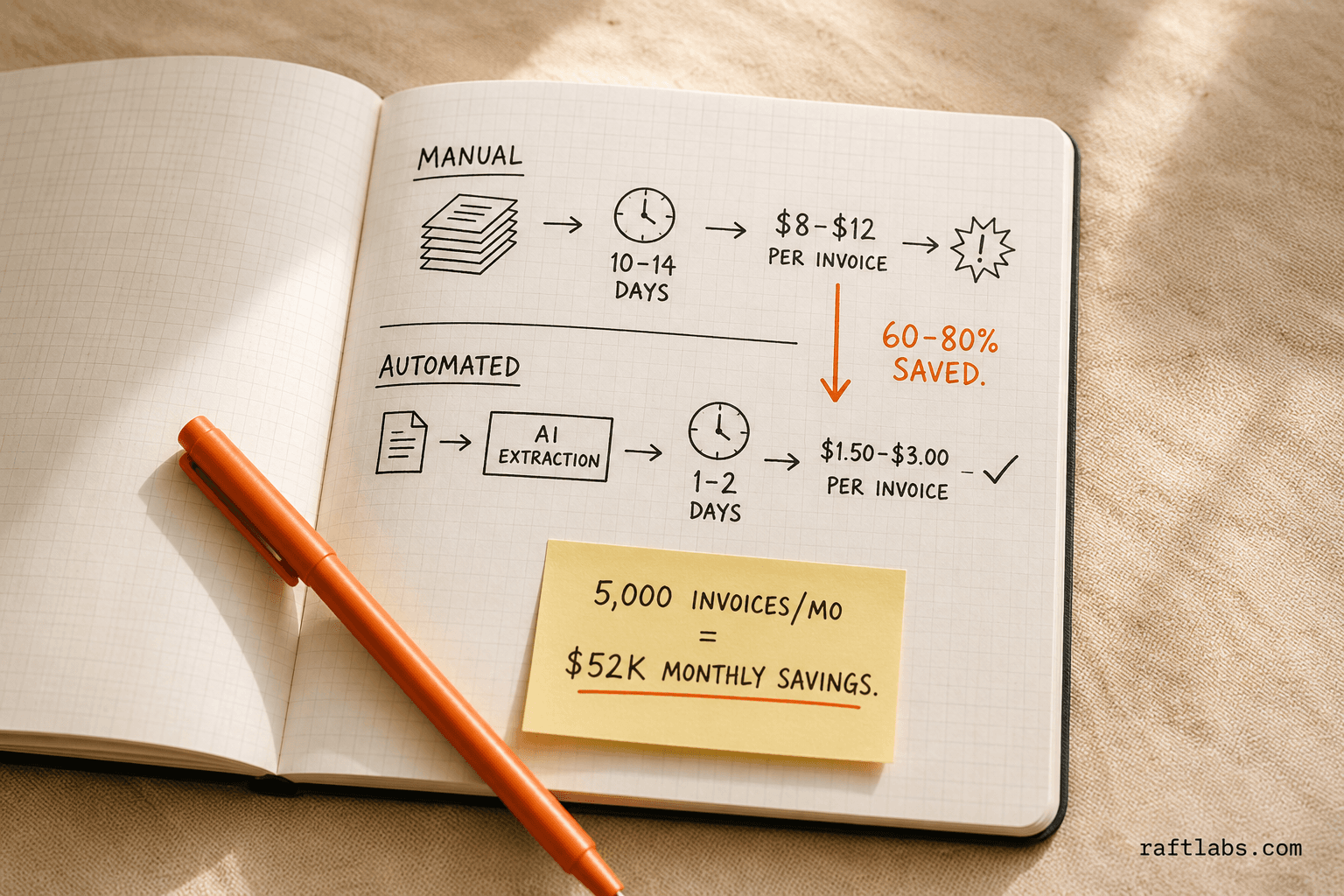 Hand-drawn diagram comparing manual invoice processing at $8-$12 per invoice vs AI-automated processing at $1.50-$3.00, with 60-80% savings annotation