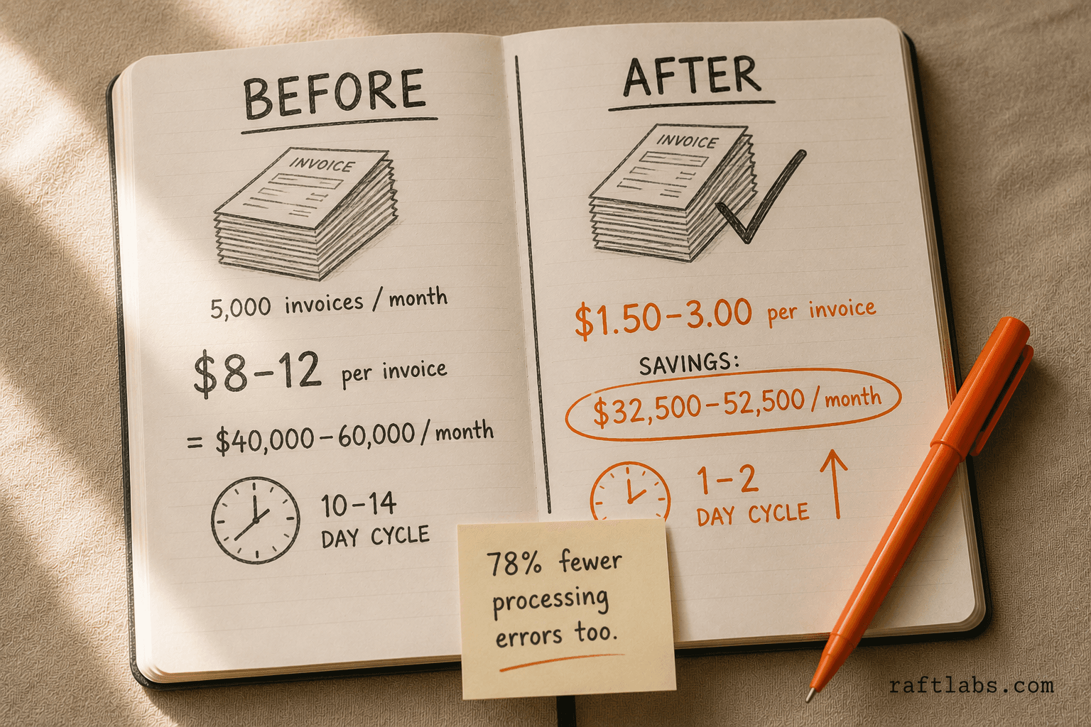 Invoice processing cost before and after AI automation — $8-12 per invoice drops to $1.50-$3.00, saving over $32,000 per month at 5,000 invoices