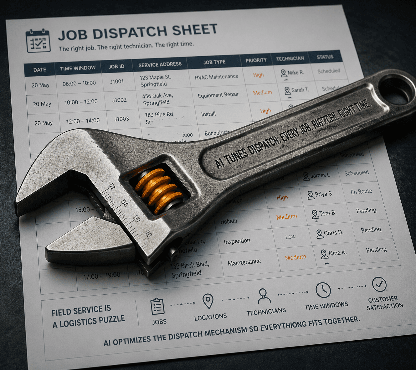 Printed field service job sheet with an adjustable wrench resting across it - AI for field service management