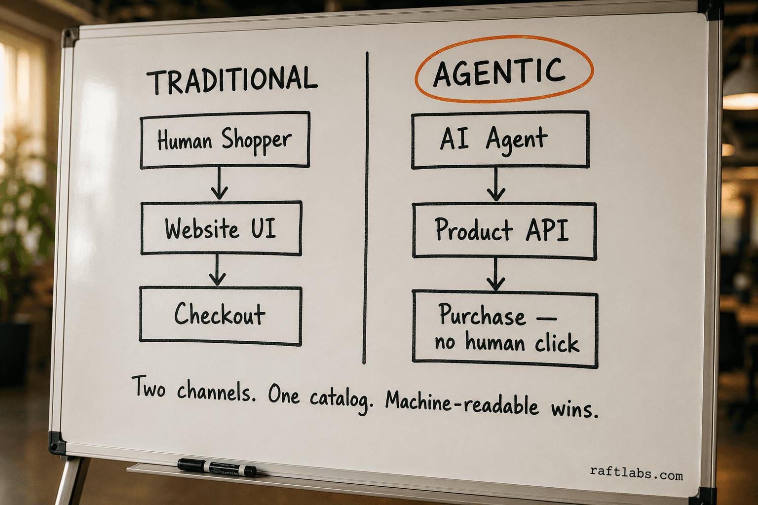 Whiteboard diagram showing two parallel commerce channels: traditional (human shopper to website UI to checkout) and agentic (AI agent to product API to purchase with no human click).