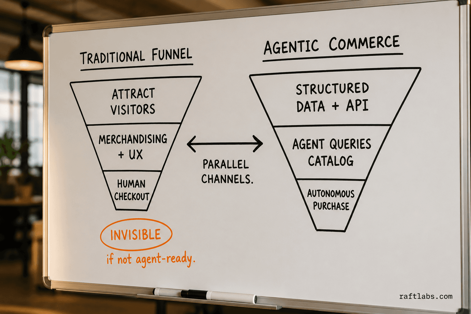 Whiteboard diagram showing traditional human e-commerce funnel alongside the new agentic commerce channel where AI agents query catalogs and purchase autonomously